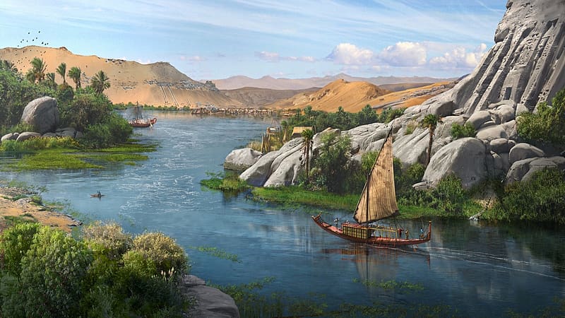 Landscape, Fantasy, Ship, River, Nile, HD wallpaper