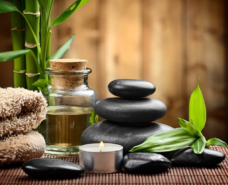 Relaxing Spa, candle, stones, zen, oil, spa, bamboo, HD wallpaper