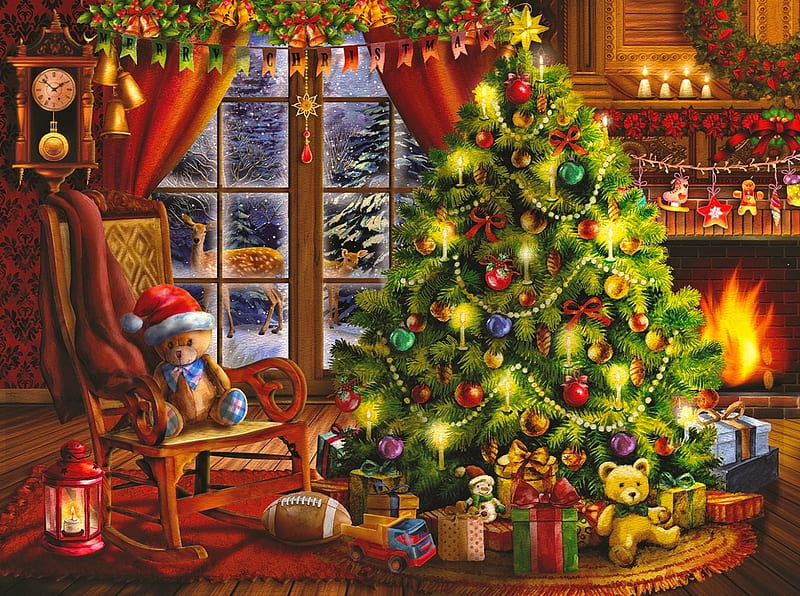 Christmas memories, art, cozy, window, holiday, christmas, decoration, home, bonito, winter, fireplace, memories, santa, tree, toys, HD wallpaper