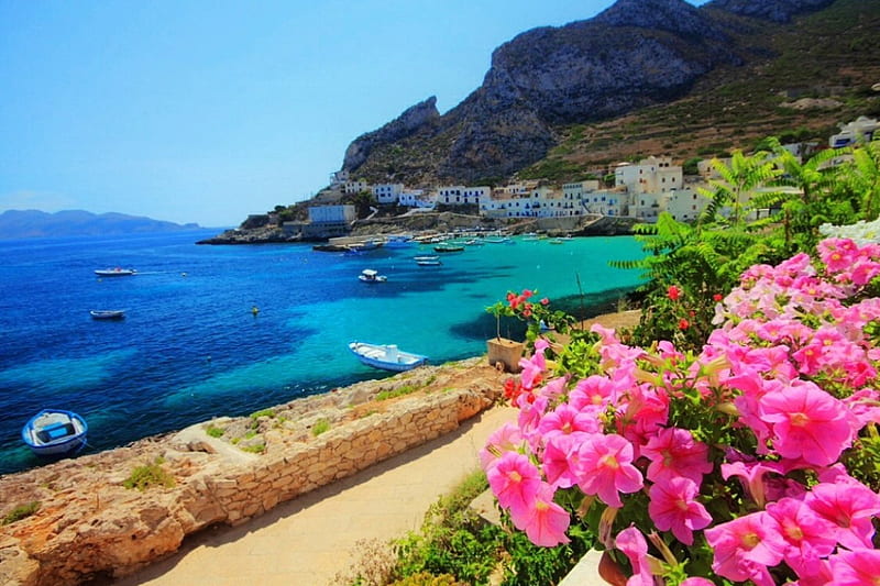 Sicily, rest, rocks, vacation, travel, oast, bonito, Sicily Italy, sea, beach, mountain, sand, summer, flowers, HD wallpaper