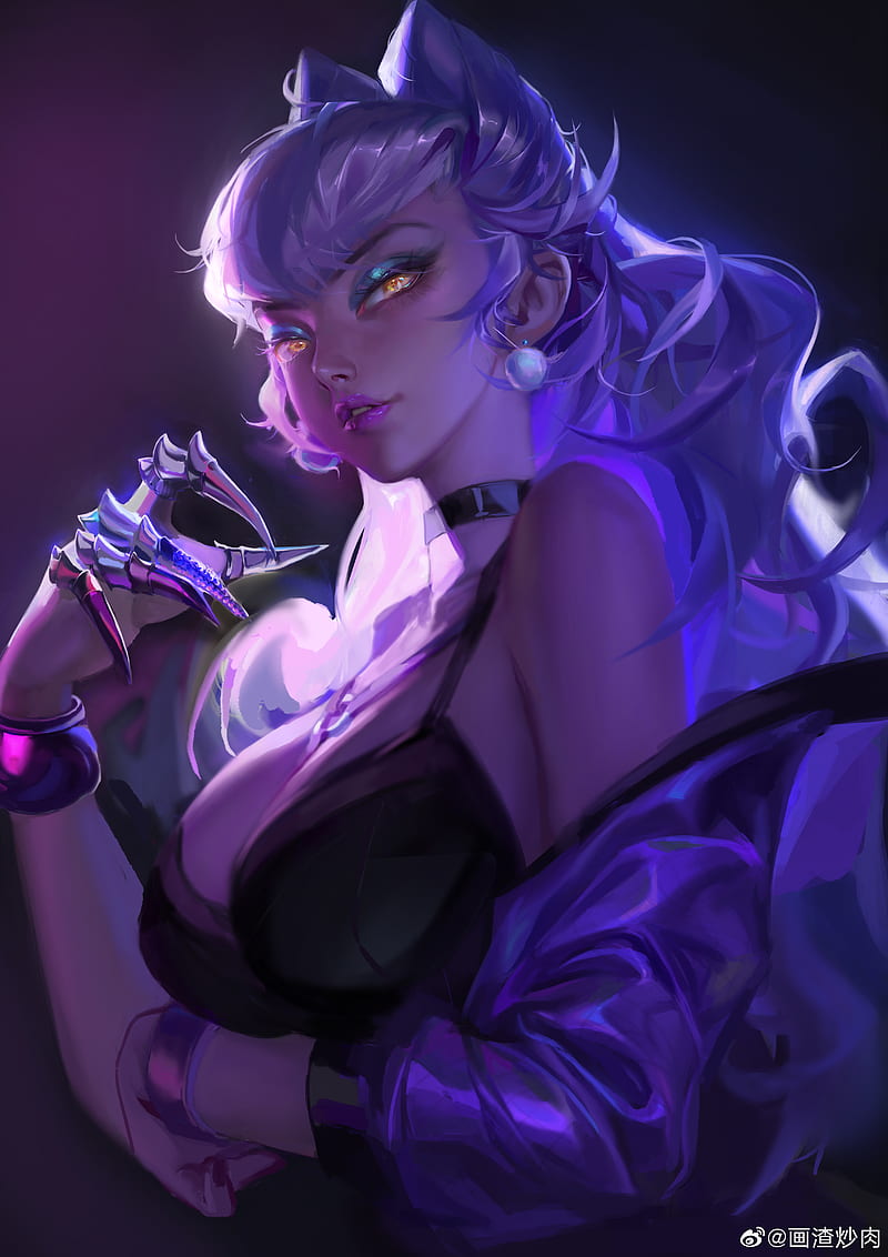 League of Legends, Evelynn (League of Legends), video game characters, video game girls, bare shoulders, bracelets, choker, claws, demon girls, jacket, jewelry, long hair, looking at viewer, open clothes, silver hair, yellow eyes, purple lipstick, makeup, Hua Zha Chao Rou, women, HD phone wallpaper