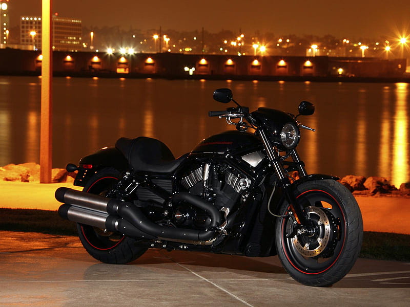 Black Bike, motorcycles, black, bike, city lights, HD wallpaper