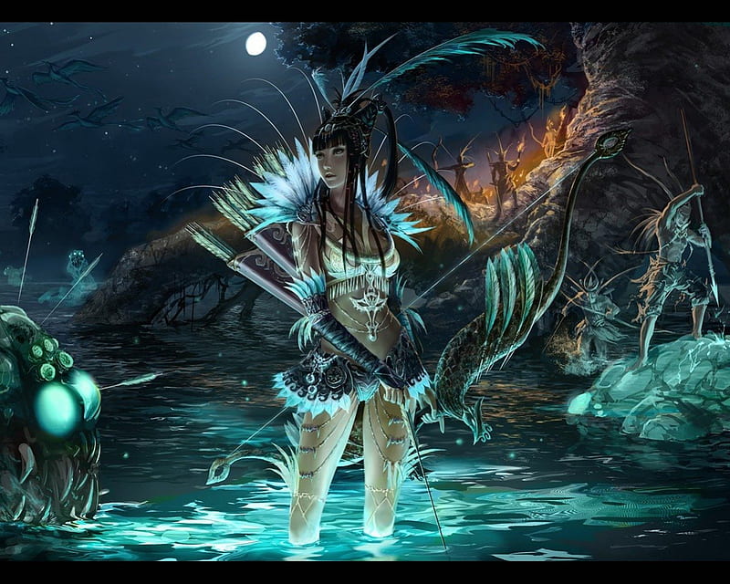 Tribe Hunting, Elves, Spears, Bows, River, HD wallpaper