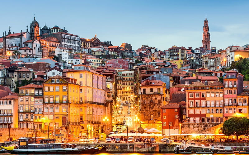 Porto, embankment, evening city, road lights, Portugal, HD wallpaper