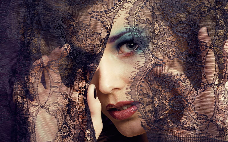beautiful girl, veil, makeup, portrait, HD wallpaper