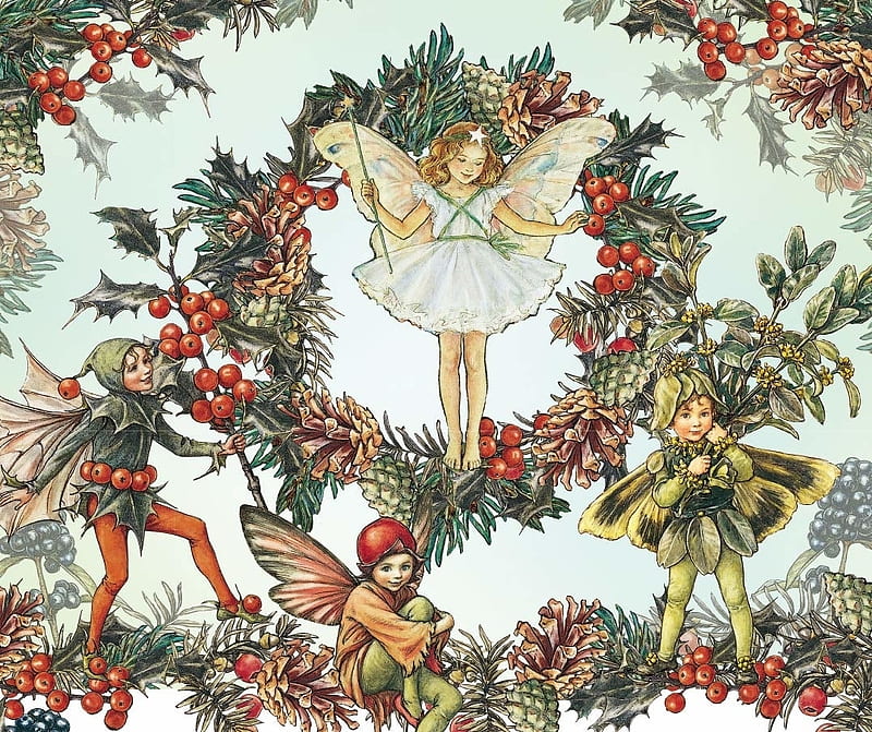 Christmas fairies, fairy, art, red, wings, craciun, christmas, luminos, fruit, fantasy, green, berry, girl, HD wallpaper