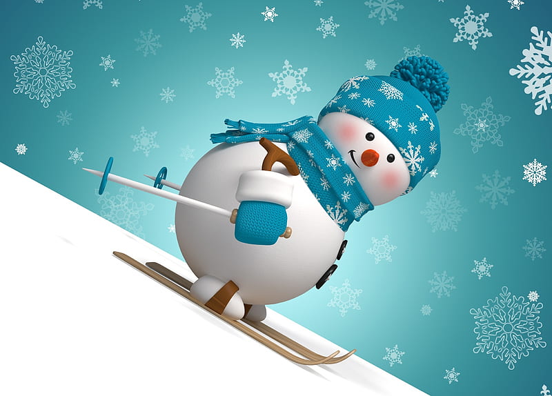 Happy Holidays!, snowman, ski, winter, hat, card, snowflakes, scarf, white, blue, HD wallpaper