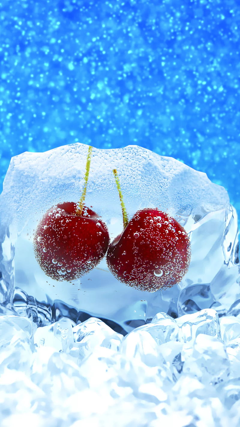Cherry in ice, fruit, food, water, blue, bubbles, HD phone wallpaper