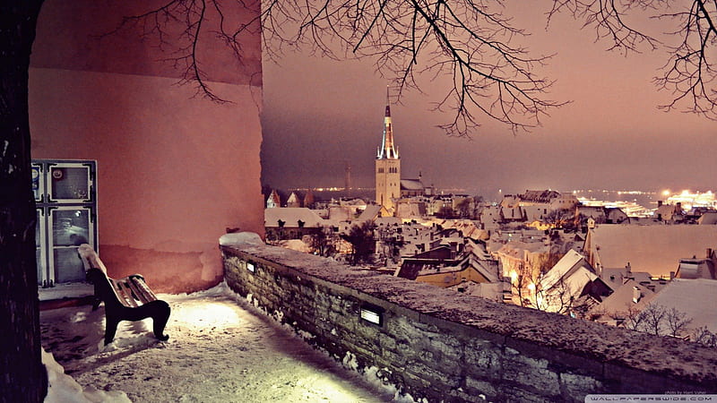 winter in tallinn estonia, city, church, winter, balcony, HD wallpaper