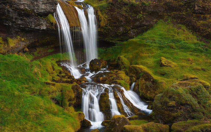 waterfall, mountain, green mountain slopes, Iceland, Grundarfjordur, HD wallpaper