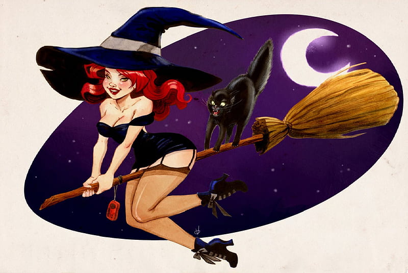 Red Head Witch, witch, moon, red head, cat, broom, HD wallpaper
