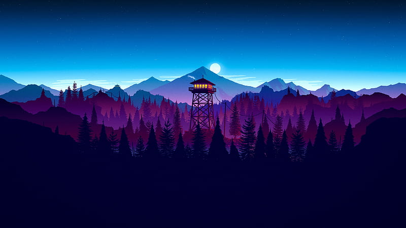 Firewatch Night, firewatch, forest, game, night, tower, woods, HD wallpaper