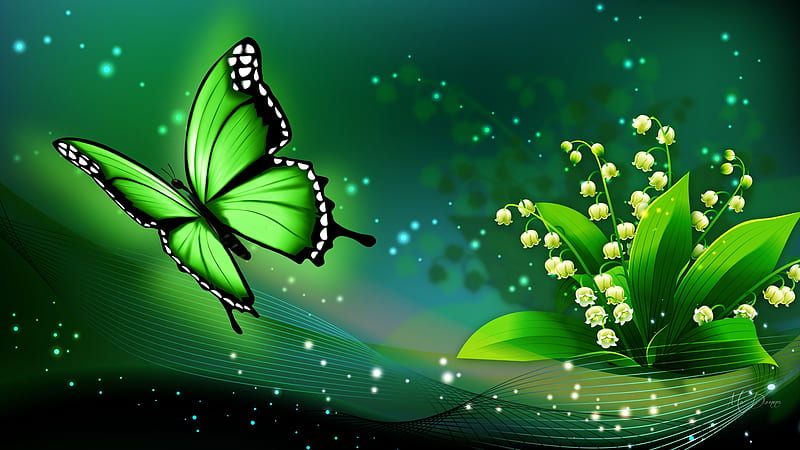 Lilies of the Valley Butterfly, lily of the valley, glow, shine, spring, sparkle, butterfly, green, summer, flowers, Firefox Persona theme, HD wallpaper