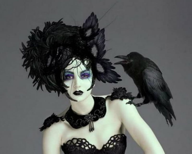 Gothic, raven, bird, woman, HD wallpaper