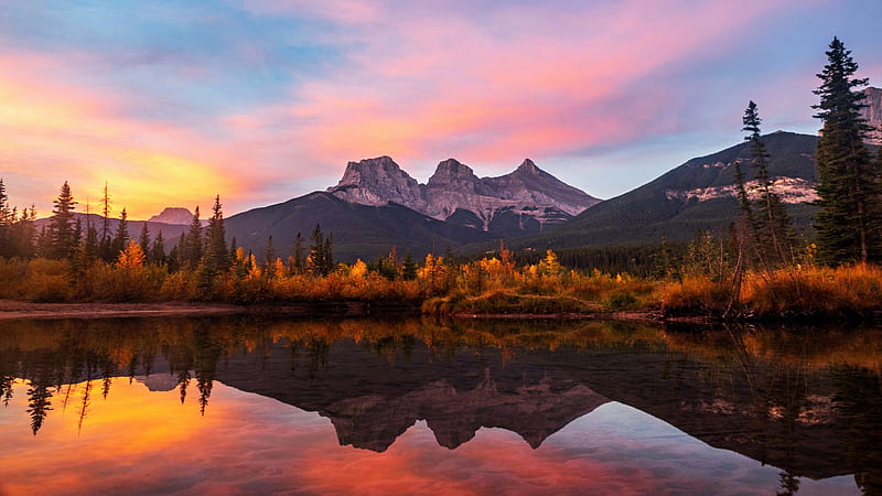 Three Sisters at Sunrise, Canmore, Alberta, autumn, trees, colors, sky, canada, water, mountains, reflections, landscape, HD wallpaper
