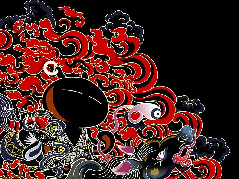 Animated Rabbit, black and red swirls, animated rabbit in robe, HD wallpaper
