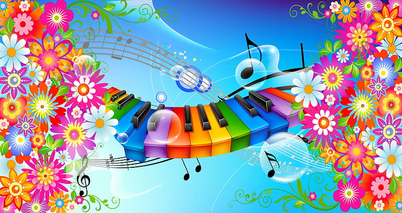 Hello, spring!, colorful, pretty, keys, notes, music, bonito, spring, piano, flowers, HD wallpaper