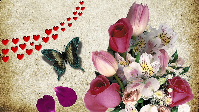 Flowers on Old Paper, lilies, firefox persona, parchment, roses, corazones, rose petals, butterfly, flowers, paper, vintage, HD wallpaper