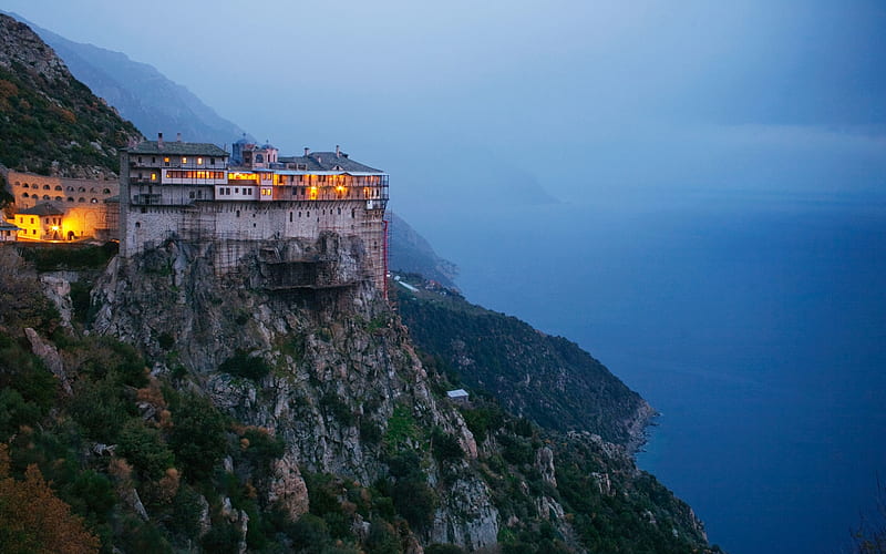Monastery on Mount Athos, Greece, Greece, Christian, mount, sea, monastery, HD wallpaper