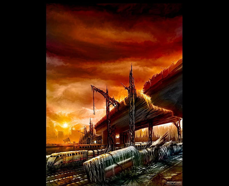Darktown Train station Concept, fantasy, 3d, destruction, train, cg, breeze, digital art, HD wallpaper