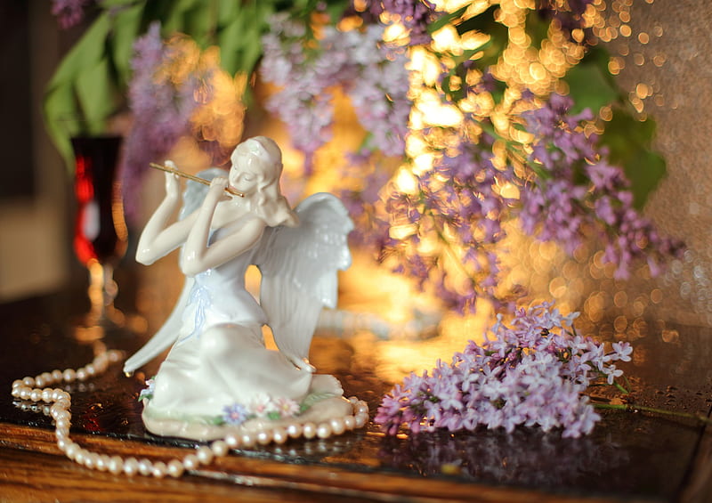 Still life with angel singing, lilac, angel, still life, pearl, instrument, flute, flower, jewel, white, HD wallpaper