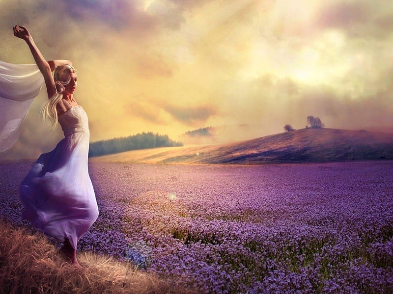 Purple dreams, dress, romantic, dreams, bonito, lavender, sky, woman, clouds, vail, fantasy, girl, purple, lady, field, meadow, HD wallpaper