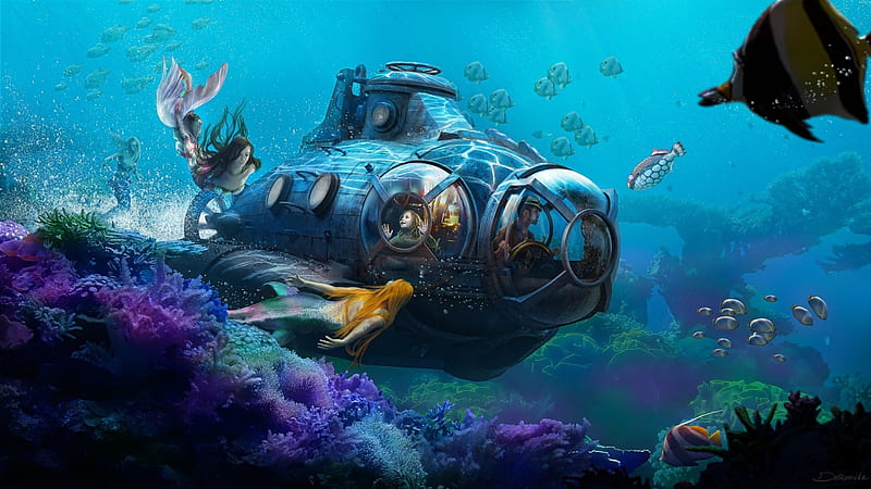 Deep Sea Adventure, pretty, submarine, art, female, fish, mermaid, bonito, woman, fantasy, girl, deep sea, mermaids, digital, HD wallpaper
