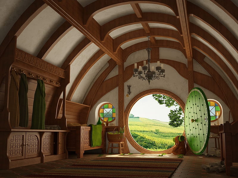 The hobbit's house, hobbit, fantasy, house, luminos, lotr, room, door, HD wallpaper