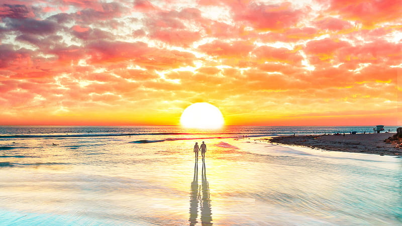 Beach Couple Watching Sunset , love, couple, beach, artist, artwork, digital-art, sunset, illustration, HD wallpaper