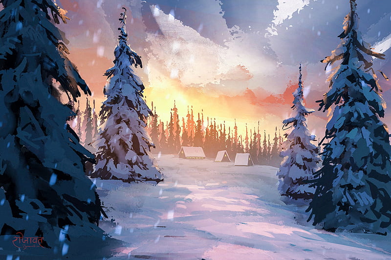 Winterlight, world, fantasy, tree, snow, surendra rajawat, sunset, iarna, winter, luminos, HD wallpaper