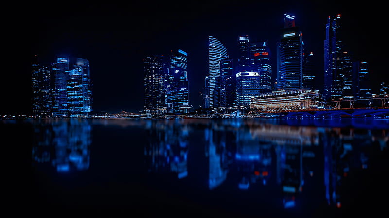 Blue Lights Reflection Water Buildings, graphy, buildings, reflections, skycrapper, HD wallpaper