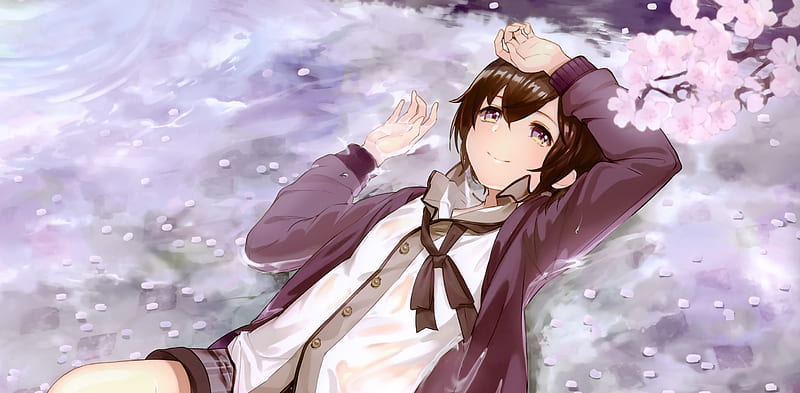 anime boy, lying down, water, cherry blossom, smiling, brown hair, Anime, HD wallpaper