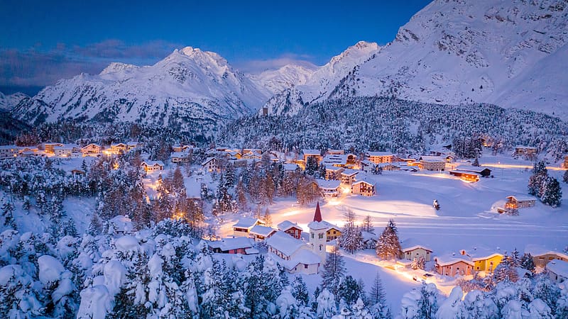 White Maloja Church Christmas Night Schweiz Bing, HD wallpaper | Peakpx