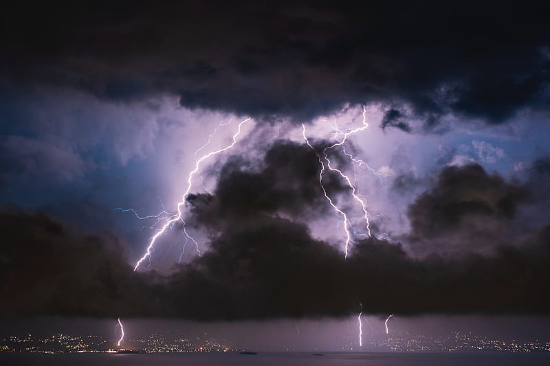 lightning, clouds, sea, night, storm, HD wallpaper