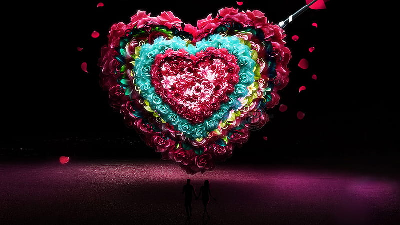 Colorful Flowers Heart With Couple Valentines, HD wallpaper