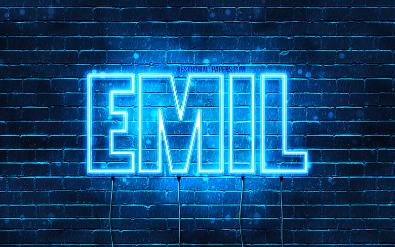Emil with names, horizontal text, Emil name, Happy Birtay Emil, popular german male names, blue neon lights, with Emil name, HD wallpaper
