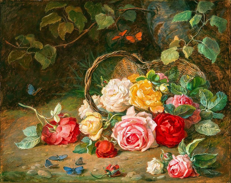 Roses in a basket by Josef Neugebauer, basket, rose, art, painting, flower, pictura, josef neugebauer, trandafir, HD wallpaper