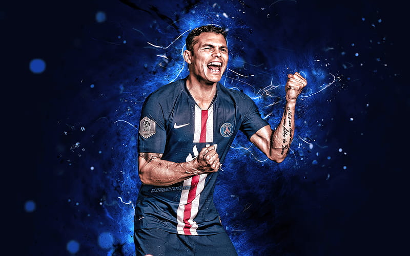 Thiago Silva season 2019-2020, brazilian footballers, defender, PSG, neon lights, Thiago Emiliano da Silva, soccer, Ligue 1, football, Paris Saint-Germain, HD wallpaper