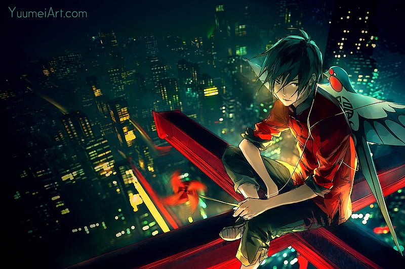 red boy, red, city, boy, anime, HD wallpaper