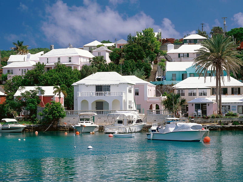 Bermuda waterfront, boats, waterfront, bermuda, houses, HD wallpaper