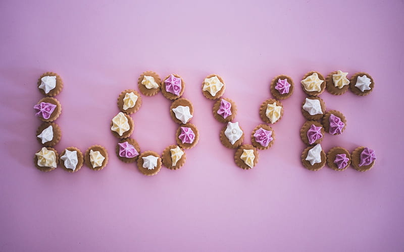 Happy Valentine's Day!, food, valentine, dessert, word, sweet, card, cookies, love, pink, HD wallpaper