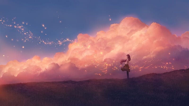 Anime Girl Sky Clouds, anime-girl, anime, artist, artwork, digital-art, clouds, HD wallpaper