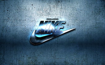 Nike metal logo, blue metal background, artwork, Nike, brands, Nike 3D logo, creative, Nike logo, HD wallpaper