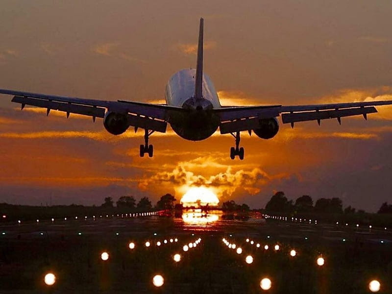 Arrival at sunset, amazing, sunset, landing, plane, HD wallpaper