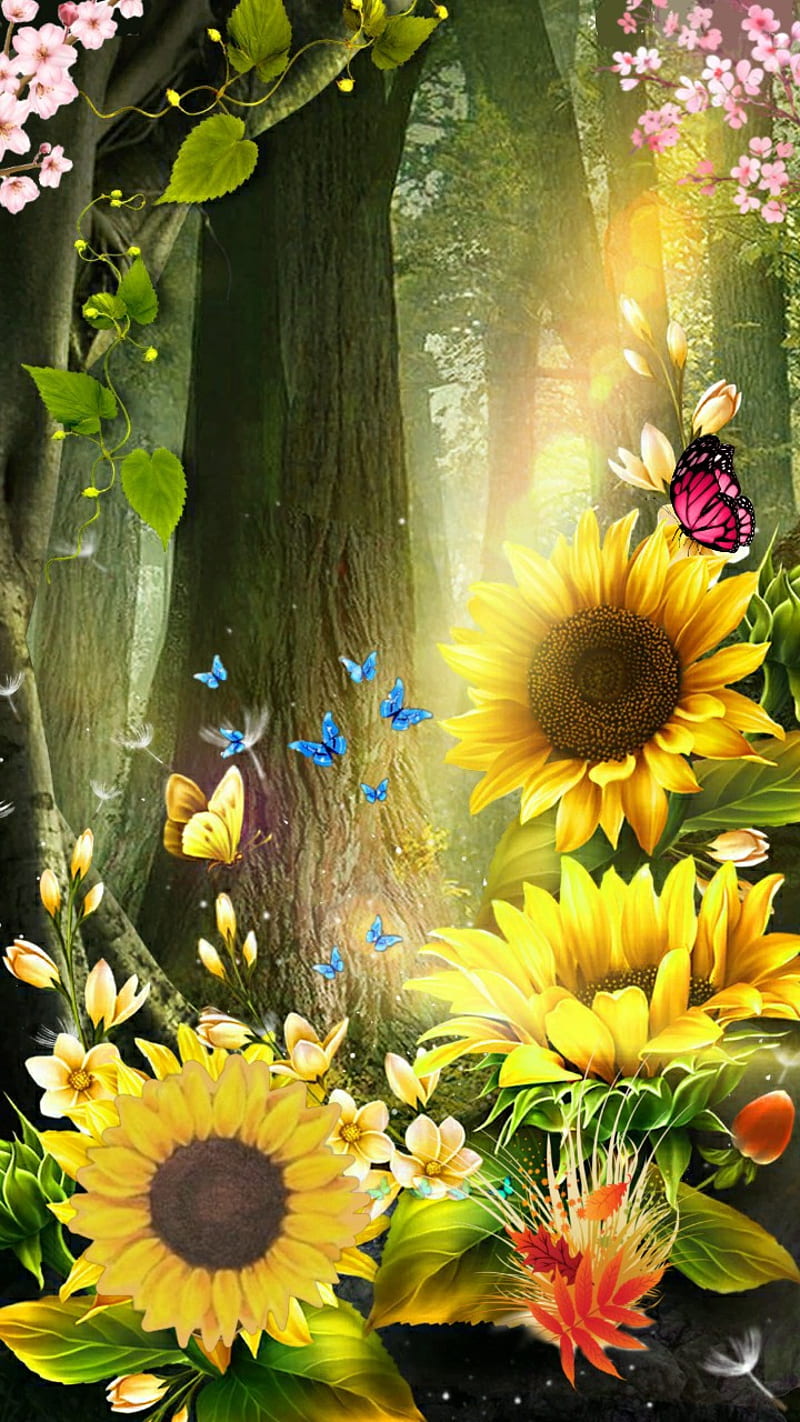 Sunflower Heaven, butterflies, flowers, yellow, HD phone wallpaper