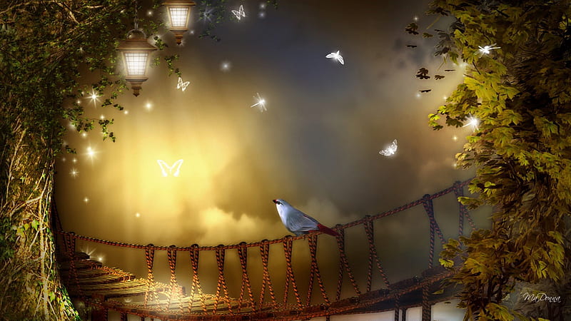 Bird on Rope Bridge, fall, autumn, glow, twilight, eerie, fog, lights, leaves, butterfly, bridge, amber, papillon, dragonfly, evening, light, night, butterflies, sky, trees, mist, bird, summer, HD wallpaper
