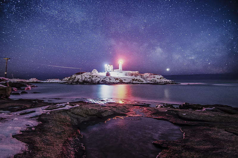 Nubble Lighthouse in Maine, stars, venus, milky way, nature, maine, reflection, lighthouse, HD wallpaper