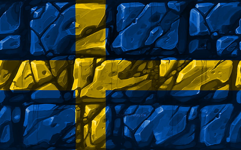 Swedish flag, brickwall European countries, national symbols, Flag of Sweden, creative, Sweden, Europe, Sweden 3D flag, HD wallpaper