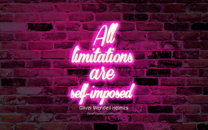 All limitations are self-imposed blue brick wall, Oliver Wendell Holmes Quotes, neon text, inspiration, Oliver Wendell Holmes, quotes about life, HD wallpaper