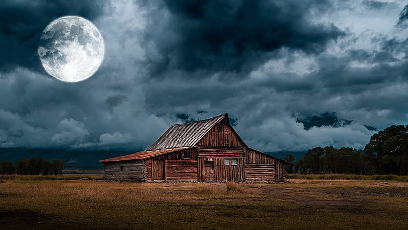 Moonlight Wyoming Barn, Moulton Barn, prairie, Antelope Flats, sky, clouds, Firefox theme, Grand Teton National Pasrk, homestead, barn, farm, moon, HD wallpaper